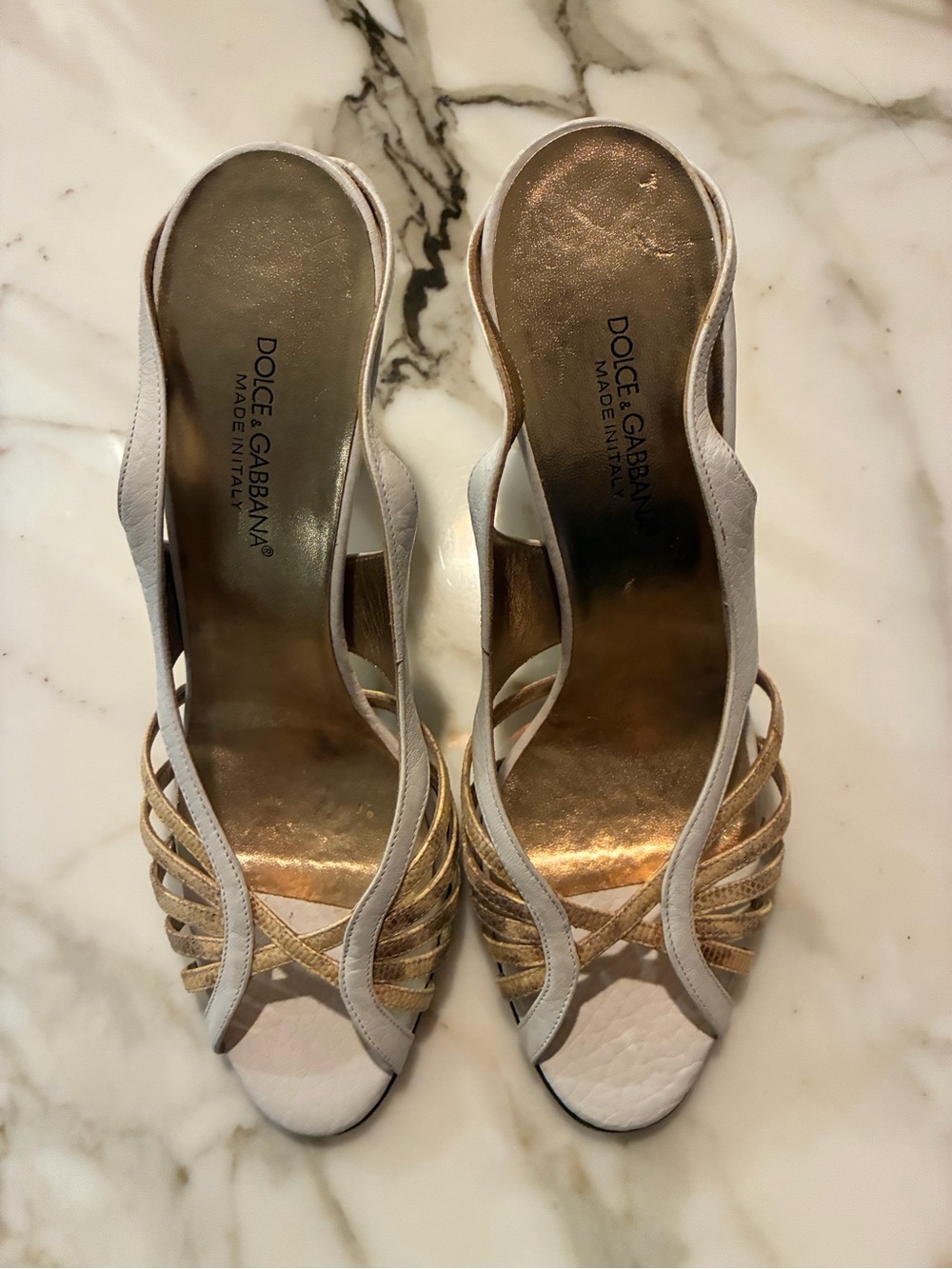 Vero Cuoio White and Gold Strappy Slingback Heels